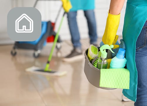 Cleaners with a mop and bucket and materials 